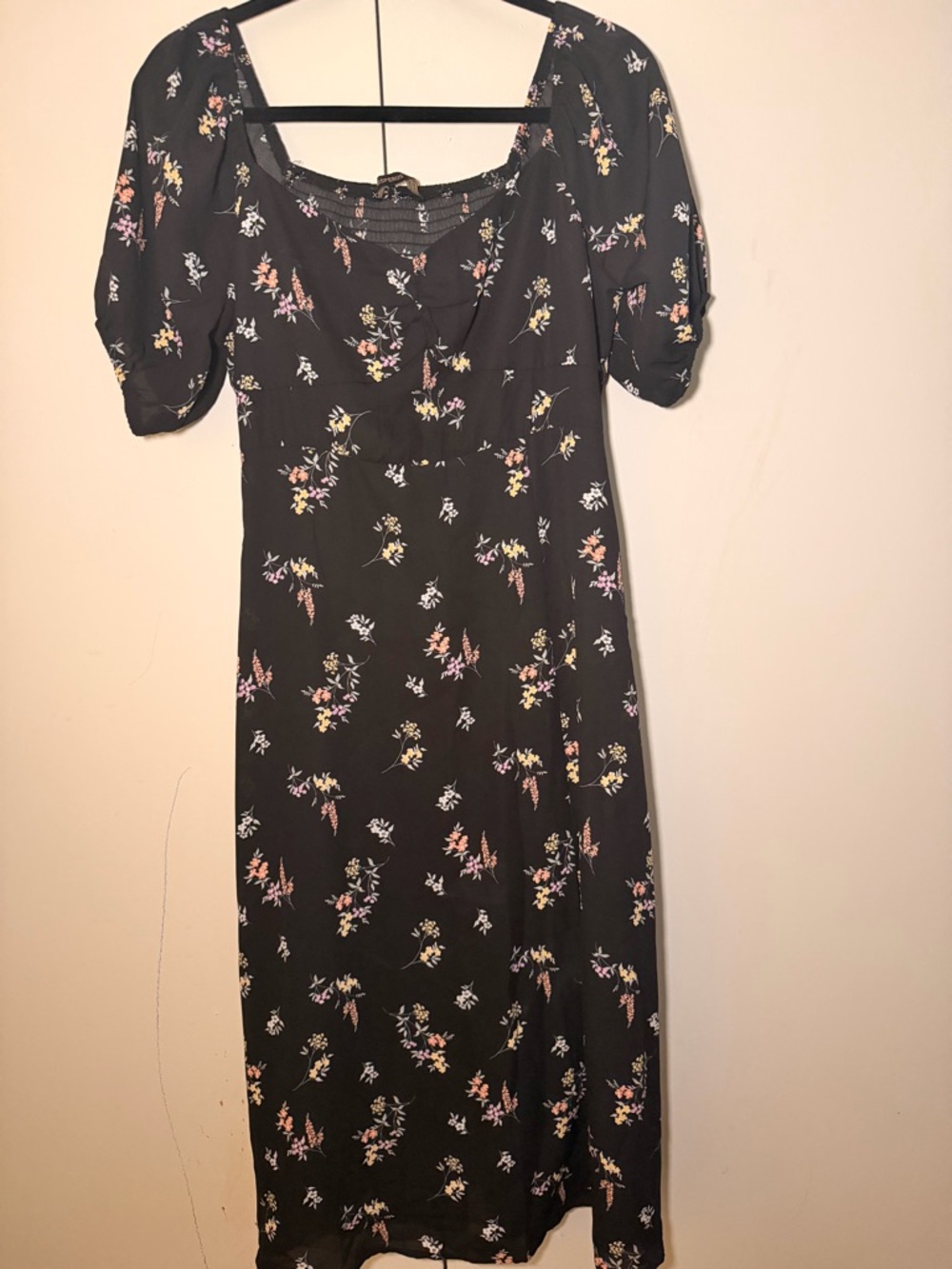 Black Floral Midi Dress with Square Neckline